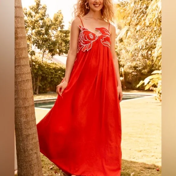 🌺🎉HP🎉🌺 NWT Farm Rio Red Fish Top Maxi Dress - Picture 9 of 16